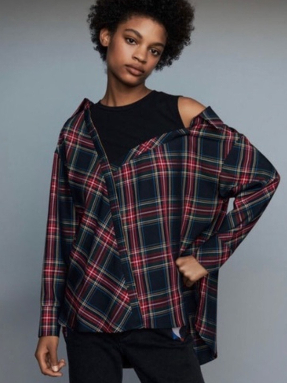 Maje Deconstructed Plaid Cut Out Button Up Shirt Red Size 2 Preppy Grunge Y2K